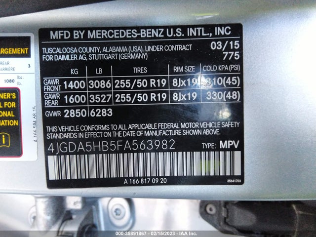 2015 Mercedes-Benz M-Class, VIN: 4JGDA5HB5FA563982
