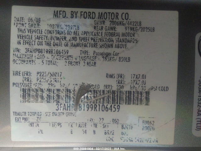 2009 FORD FUSION SEL VIN: 3FAHP08199R106459