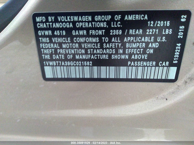 2016 Volkswagen Passat, VIN: 1VWBT7A39GC021582