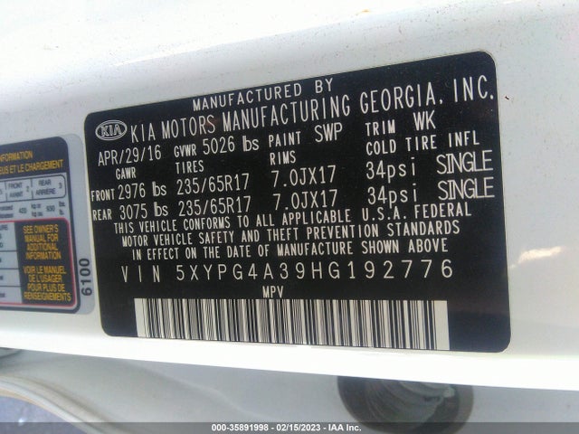 2017 KIA SORENTO LX VIN: 5XYPG4A39HG192776