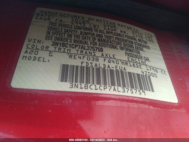 2010 NISSAN VERSA 1.8 S VIN: 3N1BC1CP7AL375759
