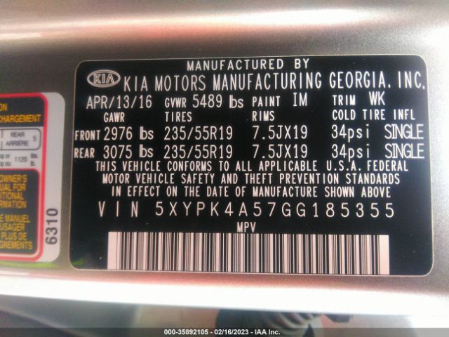 5XYPK4A57GG185355 KIA SORENTO SX