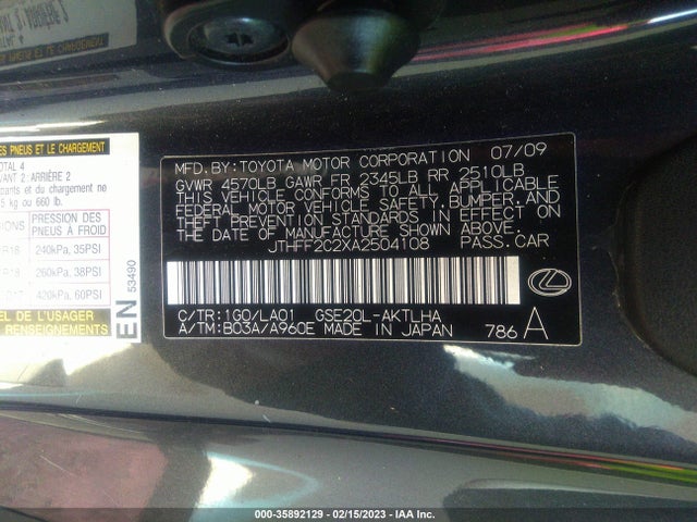 2010 LEXUS IS 250C VIN: JTHFF2C2XA2504108