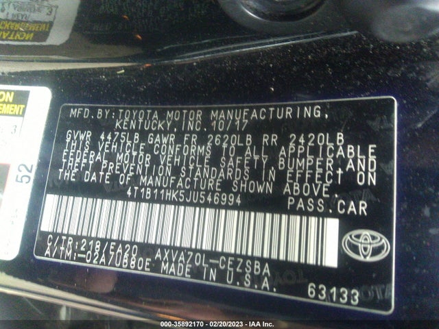 2018 Toyota Camry, VIN: 4T1B11HK5JU546994