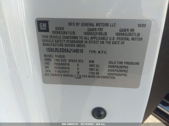 GMC ACADIA SLE 2010 1GKLRLED0AJ144518 Image 10