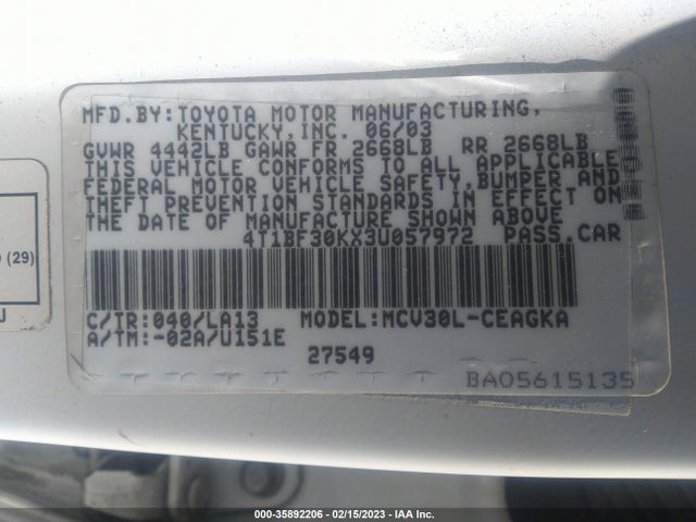 2003 TOYOTA CAMRY LE/SE/XLE VIN: 4T1BF30KX3U057972