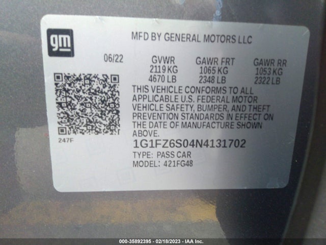 2022 Chevrolet Bolt EV, VIN: 1G1FZ6S04N4131702