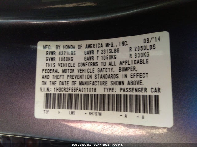 Honda ACCORD SEDAN 2015 1HGCR2F55FA011016 Image 10