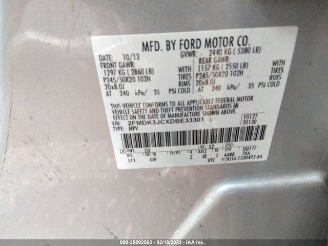 2013 FORD EDGE SEL VIN: 2FMDK3JCXDBE33301