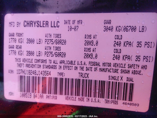 2008 DODGE RAM 1500 SLT VIN: 1D7HU18248J143564