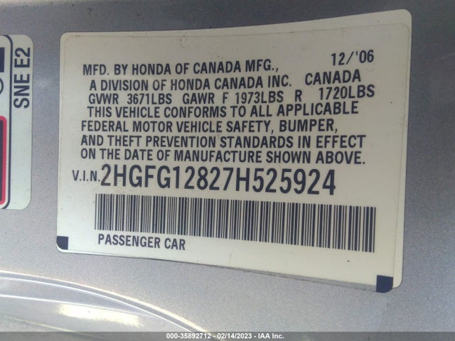 Honda CIVIC CPE 2007 2HGFG12827H525924 Image 10
