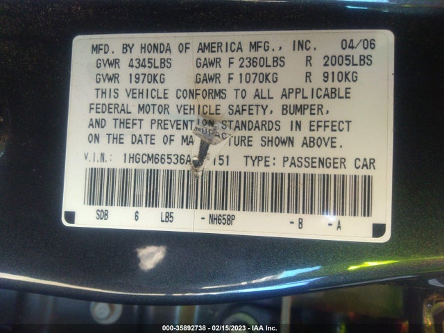 2006 HONDA ACCORD SDN EX-L V6 VIN: 1HGCM66536A055151