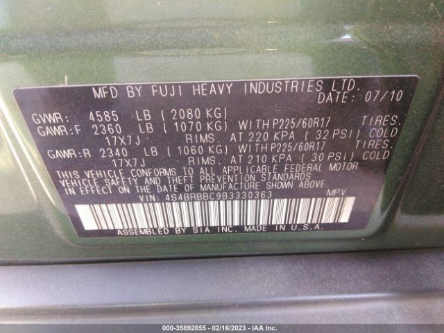 4S4BRBBC9B3330363 Subaru Outback 2.5i Prem