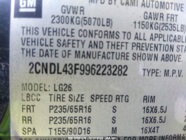 2009 CHEVROLET EQUINOX LT W/1LT VIN: 2CNDL43F996223282