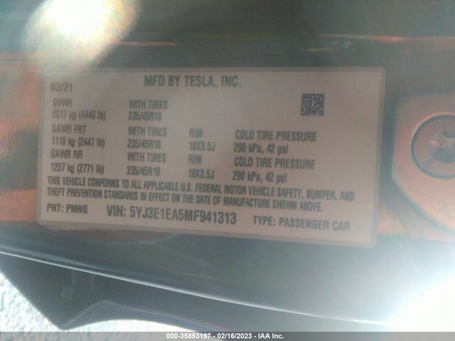 Tesla Model 3 Standard Range Plus 2021 5YJ3E1EA5MF941313 Image 11