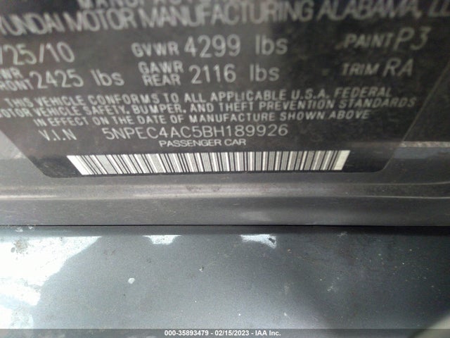 2011 HYUNDAI SONATA LTD VIN: 5NPEC4AC5BH189926