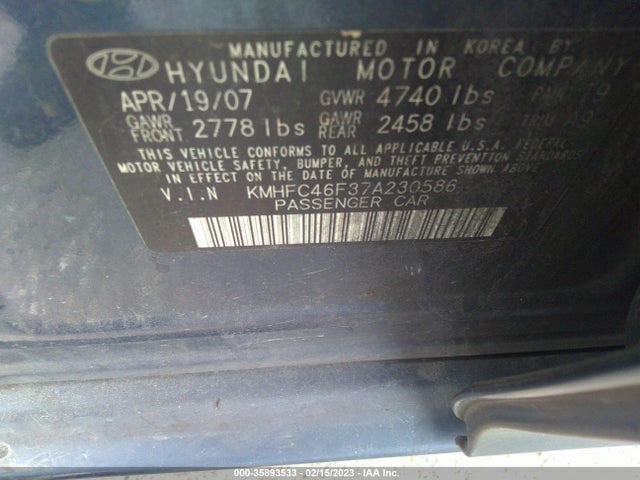 2007 HYUNDAI AZERA SE/LIMITED VIN: KMHFC46F37A230586