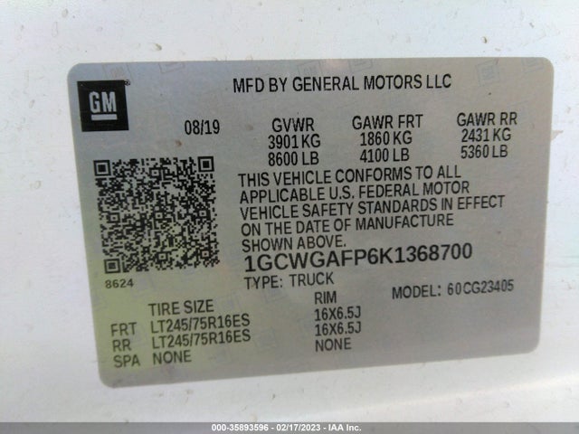 2019 Chevrolet Express, VIN: 1GCWGAFP6K1368700