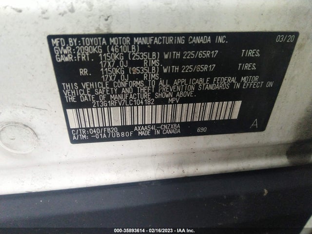 2020 Toyota RAV4, VIN: 2T3G1RFV7LC104182