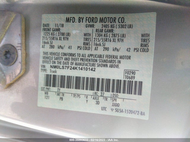 2019 Ford Transit Connect, VIN: NM0LS7F24K1410142