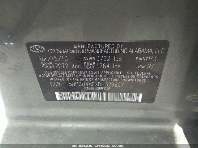 2013 HYUNDAI ELANTRA LIMITED PZEV VIN: 5NPDH4AEXDH329227