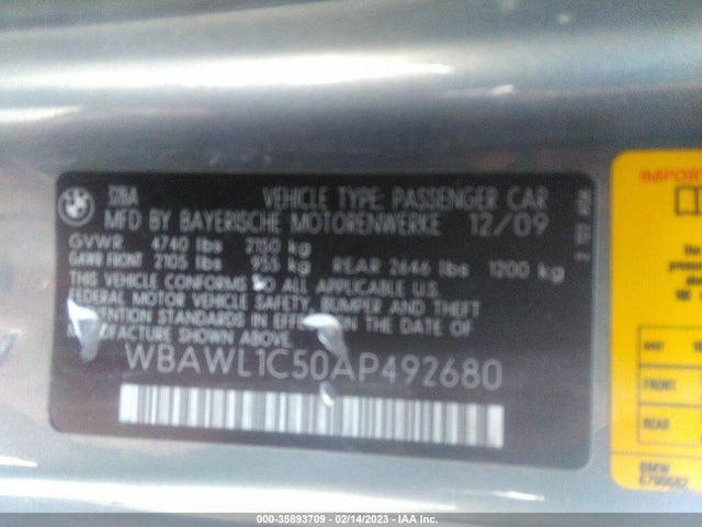 2010 BMW 3 SERIES 328I VIN: WBAWL1C50AP492680