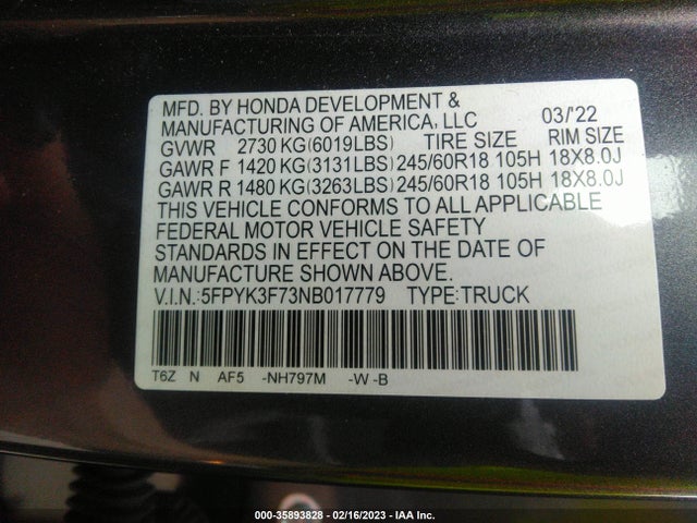 2022 Honda Ridgeline, VIN: 5FPYK3F73NB017779