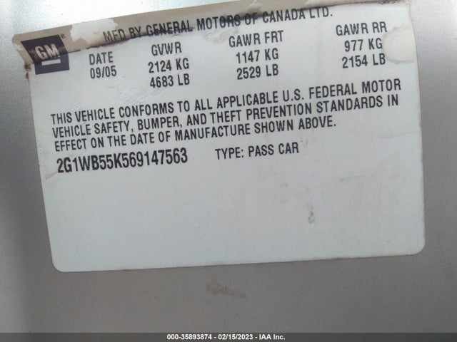 2006 CHEVROLET IMPALA LS VIN: 2G1WB55K569147563