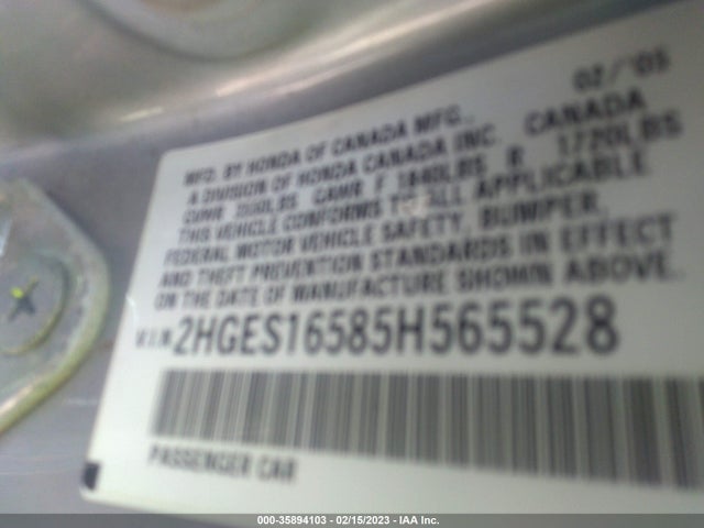 2005 HONDA CIVIC SDN LX VIN: 2HGES16585H565528