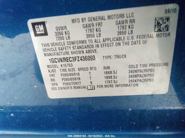 2015 CHEVROLET SILVERADO 1500 LT VIN: 1GCVKREC3FZ436093