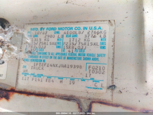 1988 FORD F150 VIN: 1FTEF14NXJNA19398