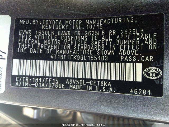 2016 Toyota Camry, VIN: 4T1BF1FK9GU155103