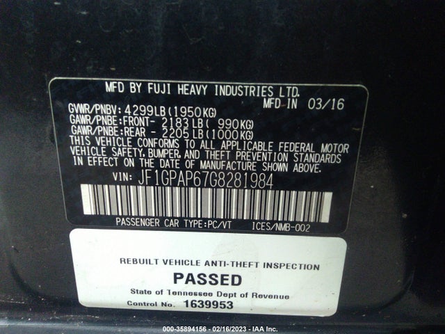 JF1GPAP67G8281984 Subaru Impreza Wagon 2.0i Sport Premium