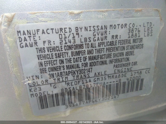 Aukcja sprzedaży 2019 Nissan Sentra S, vin: 3N1AB7AP6KY302147, numer aukcji: 35894327