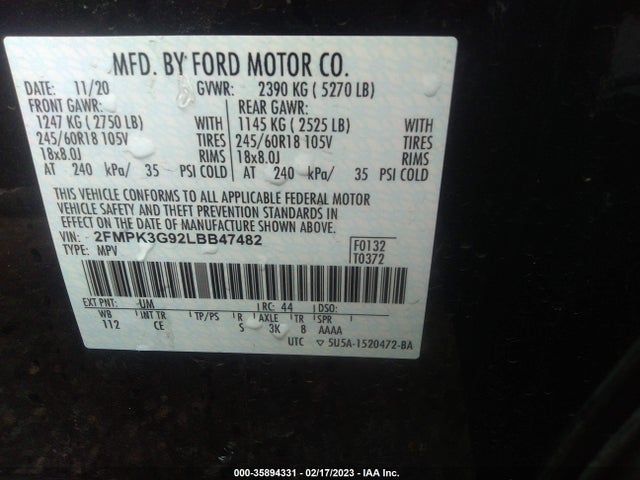 2020 FORD EDGE SE VIN: 2FMPK3G92LBB47482