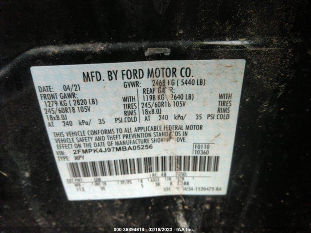 2021 FORD EDGE SEL/ST-LINE VIN: 2FMPK4J97MBA05256