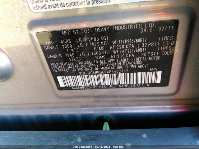 4S4BRBCC4B3402102 Subaru Outback 2.5i Prem Awp