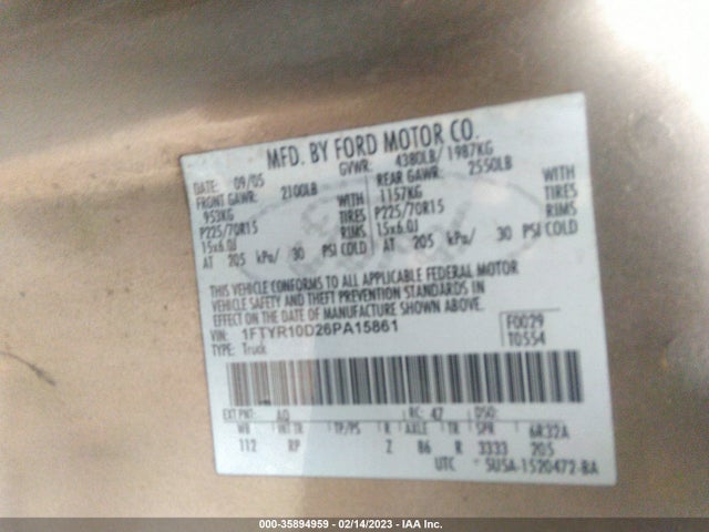 2006 FORD RANGER XL/XLT VIN: 1FTYR10D26PA15861