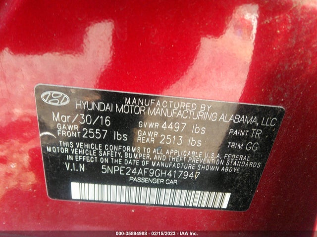 2016 HYUNDAI SONATA 2.4L VIN: 5NPE24AF9GH417947