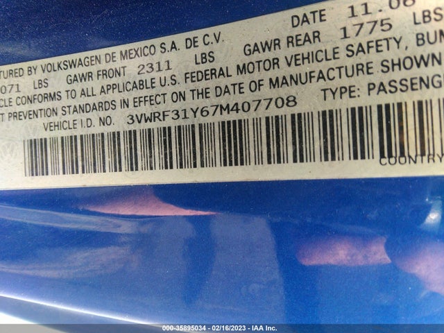 2007 VOLKSWAGEN NEW BEETLE CONVERTIBLE VIN: 3VWRF31Y67M407708