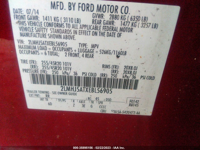 2014 Lincoln MKT, VIN: 2LMHJ5ATXEBL56905