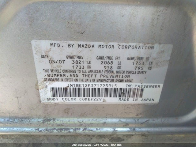 2007 MAZDA MAZDA3 I TOURING VIN: JM1BK12F371725915