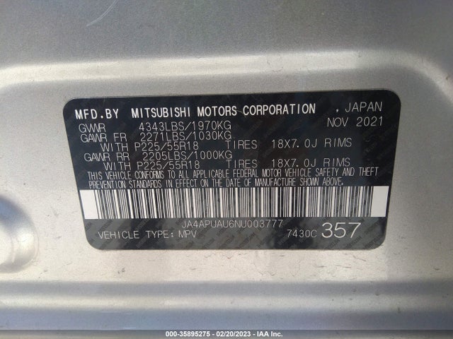 JA4APUAU6NU003777 Mitsubishi Outlander Sport Es/le/s/be