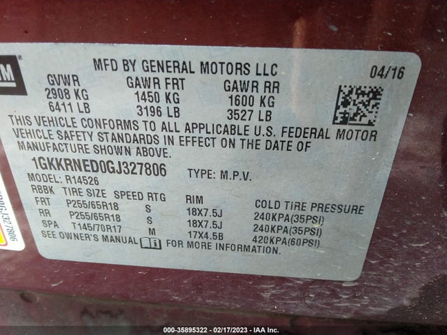 GMC ACADIA SLE 2016 1GKKRNED0GJ327806 Image 9