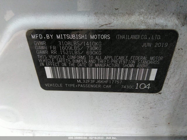 ML32F3FJ6KHF17757 Mitsubishi Mirage G4 Es/rf