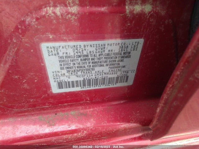 2014 NISSAN SENTRA SR VIN: 3N1AB7AP5EY306789