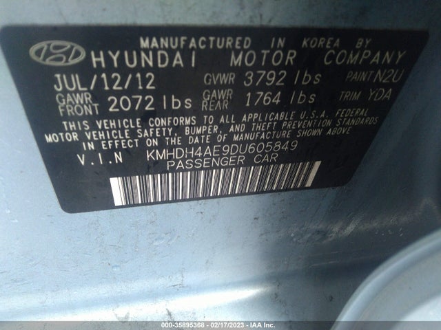 2013 HYUNDAI ELANTRA GLS PZEV VIN: KMHDH4AE9DU605849
