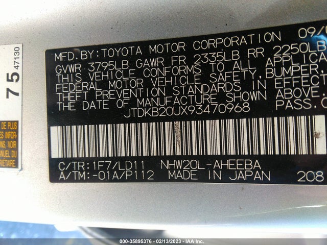 Aukcja sprzedaży 2009 Toyota Prius, vin: JTDKB20UX93470968, numer aukcji: 35895376