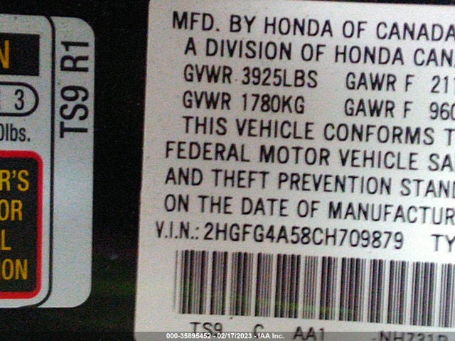 2012 HONDA CIVIC CPE SI VIN: 2HGFG4A58CH709879