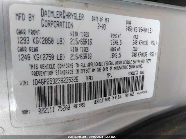 2003 DODGE CARAVAN SE VIN: 1D4GP25323B235326